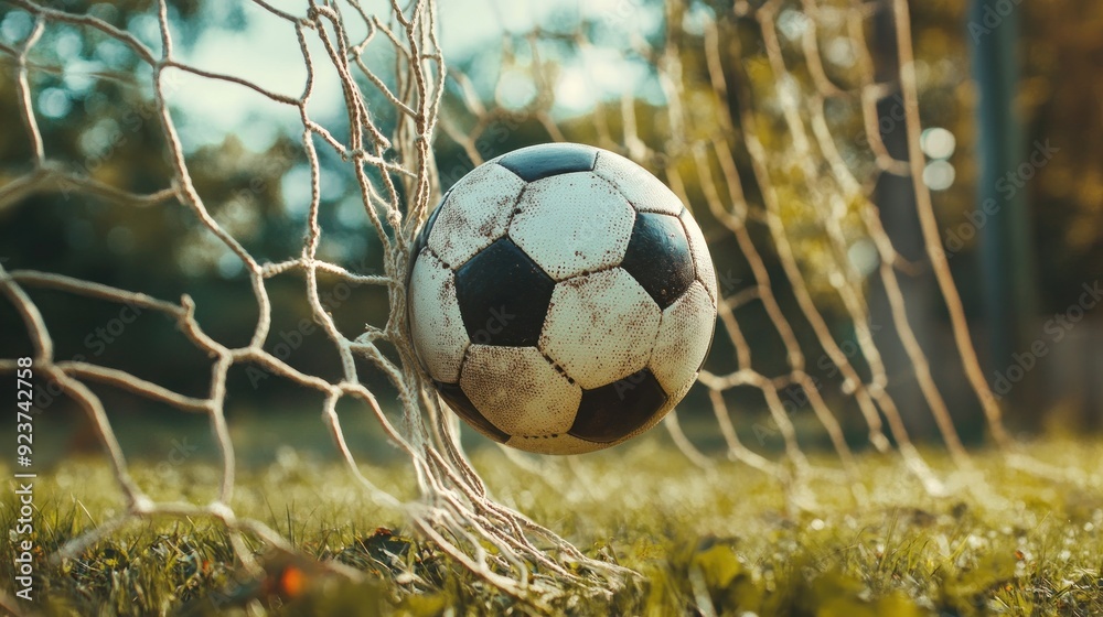 Wall mural A soccer ball is in the air near a soccer goal