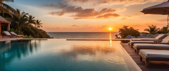 Sunset Reflection in a Tropical Resort Pool