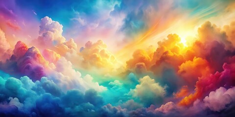 Colorful watercolor background of abstract sunset sky with puffy clouds in bright rainbow colors, watercolor, background, abstract