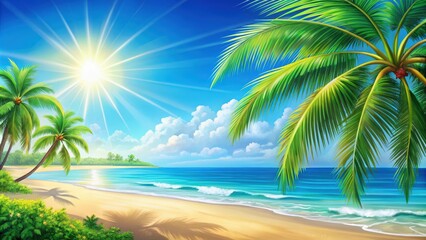 Obraz premium Bright and colorful summer holiday background with beach, palm trees, and ocean , vacation, paradise, tropical, sea, sand, leisure