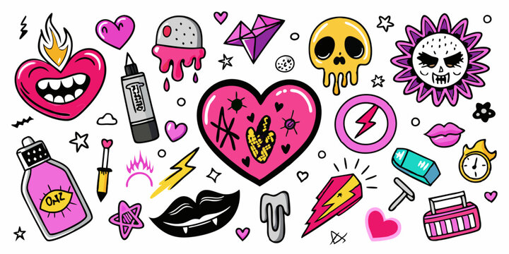 Doodle love grunge rock set, vector graffiti groovy punk heart print kit, emo gothic hand drawn sign. Marker scribble sticker, crayon wax paint collage icon, lips. Romantic Valentine Day heart doodle