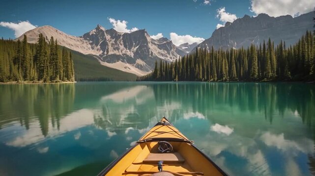 A summer day at Emerald Lake offers a spectacular view of the clear blue waters where individuals are canoeing, surrounded by impressive mountains and a brilliant blue sky, situated in the natural bea