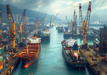 Fototapeta premium A panoramic view of a busy harbor with multiple ships docked, towering cranes, and the expanse of water, capturing the scale and activity of the port