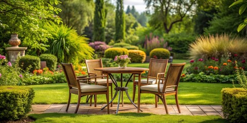 Table and chairs set up in a serene garden setting, outdoor, furniture, relaxing, nature, peaceful, backyard, patio