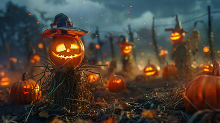 Fototapeta premium Haunted Pumpkin Patch with Eerie Glowing Pumpkins and Ghostly Scarecrows