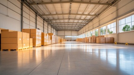 Empty warehouse interior with boxes and glass windows.