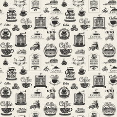 Vector seamless pattern background on the coffee theme with coffee beans and logo label, inscriptions and illustrations in retro style. Suitable for wallpaper, wrapping paper or fabric