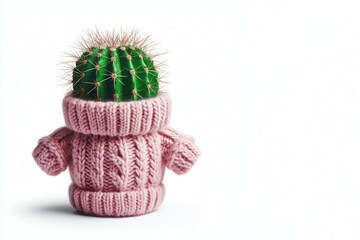 Cactus dressed in a warm sweater. Space for text.