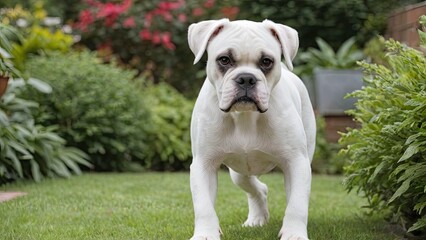 Fototapeta premium White boxer dog in the garden
