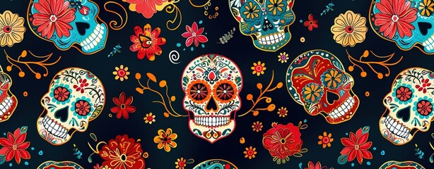 Day of the Dead Pattern Design with Skulls and Flowers in Vibrant Colors on Grey Background, Seamless Repeating Space for Text or Images