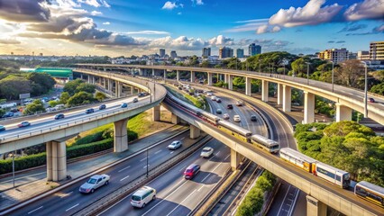 Naklejka premium Intersection of a busy motorway with a Metro train passing overhead , transportation, traffic