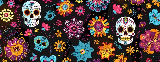 Day of the Dead Pattern Design with Skulls and Flowers in Vibrant Colors on Grey Background, Seamless Repeating Space for Text or Images