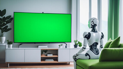 A robot watching TV in a livingroom. White space, green screen, mockup