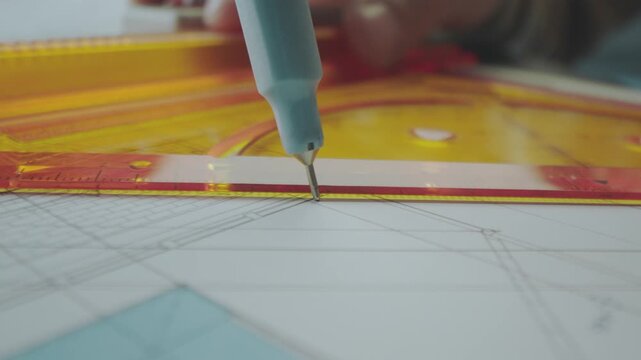 Architectural building design and construction plans with blueprints. Architect designing building plan with a ruler and pen