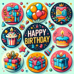 illustration of happy birthday greeting with gifts, cakes and balloons