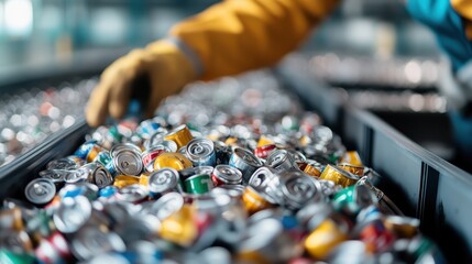 A worker with gloved hands sorting through a large number of multicolored cans at a recycling plant, illustrating the recycling process and environmental responsibility.