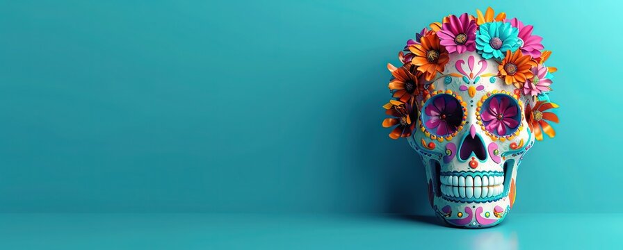 Colorful Sugar Skull with Floral Decoration on Blue Background, Suitable for Banner Design, Celebrating Mexican Day of the Dead, Halloween, or Día de Muertos, Award-Winning Ultra-Realistic Photography
