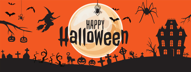 Scary halloween banner isolated background with set of Halloween icons.Vector illustration