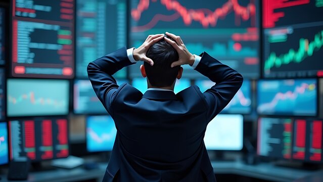 Stressed Stock Exchange Trader Can't Apprehend a Sudden Stock Market Collapse. Financial Crisis Concept with Stock Broker Saddened by Negative Ticker Information, Red Graphs and Real-Time Data