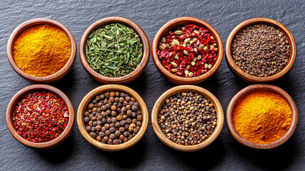 Assortment of vibrant spices and herbs presented in wooden bowls, showcasing the rich diversity of flavors