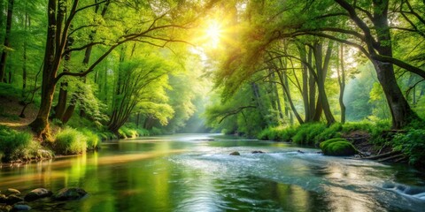 Obraz premium A serene river flowing through a lush green forest with sunlight filtering through the leaves, serene, healing, peace, landscape