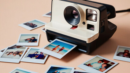 Retro Polaroid Camera in Action, Ejecting Instant Photo: Polaroid Photos Scattered Around Showing Various Moments, Soft Vintage Color Palette Highlighting Nostalgic Charm. Generative AI.