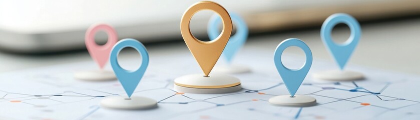 Colorful location markers on a map, representing navigation and geographic information for travel and exploration.