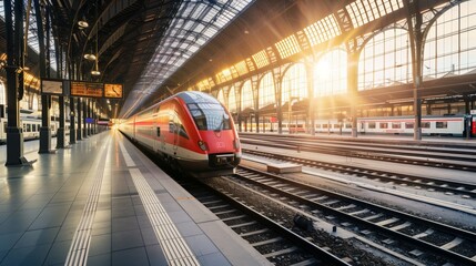 A modern train station with electric trains and solar panels, promoting sustainability and efficiency.