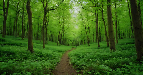 Naklejka premium Sunbeams pierce through a lush green forest canopy, illuminating a tranquil stream flowing through a carpet of ferns. Ideal for nature-themed websites, blogs, or environmental publications. AI generat