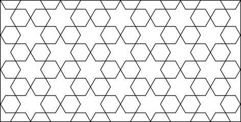 Seamless geometric pattern. Black and white abstract background with stars, hexagons, lines.