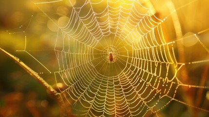 Naklejka premium Intricate Spider Web with Dew Drops, Close-up of Spider in Center