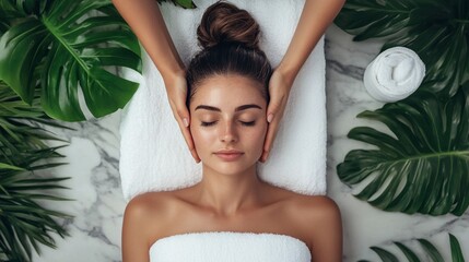 Serene woman enjoying luxurious spa treatment surrounded by lush tropical leaves, embodying relaxation and natural beauty in a tranquil setting.