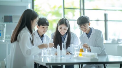 Four Students in Lab Coats Perform an Experiment
