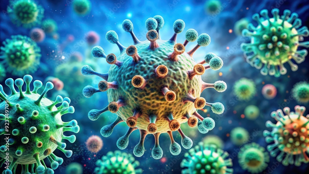 Poster a close-up of a virus spore under a microscope surrounded by germs and bacteria, virus, spore, epide