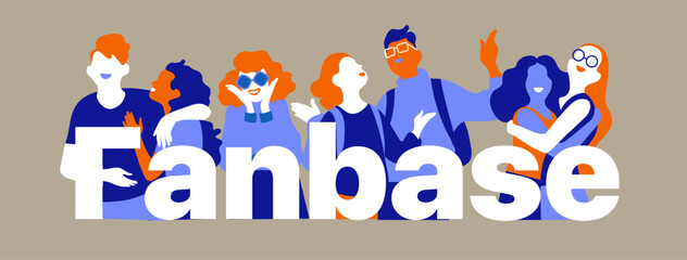 Happy young people on colored background standing behind the word Fanbase