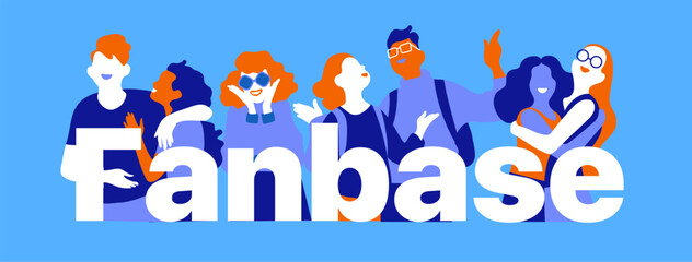 Happy young people on colored background standing behind the word Fanbase