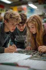 Fototapeta premium Three Teenagers Examining Circuit Board Closely