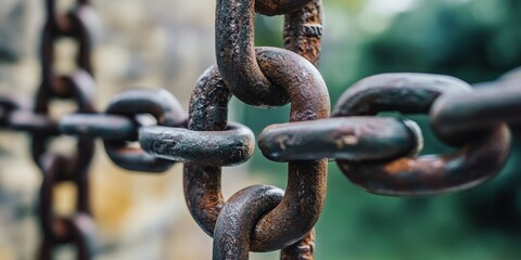 Fototapeta premium Intertwined Strength: A close-up of a rusty chain, its links interwoven in a complex pattern, symbolizing resilience, connection, and enduring strength.