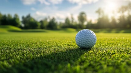 Golden Hour on the Green: A pristine golf ball awaits its next shot, bathed in the warm glow of sunset on a lush fairway. 