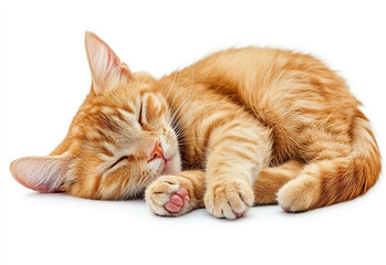 Obraz premium Orange tabby cat sleeping, Close up of a cute cat napping isolated on white background.