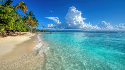 Fototapeta premium An HDR photograph of a tropical beach, with vivid turquoise waters, white sands, and palm trees swaying in the breeze.