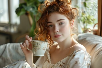 Young woman with red hair and freckles drinks from a teacup while sitting on a couch.