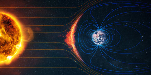 Earth's magnetic field. Sun-Earth connection space weather. Blasts of perticles and magnetic field from the sun impact magnetosphere. Magnetic bubble around the Earth. plasma