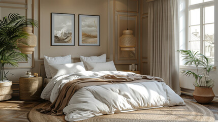 A cozy bedroom with a white bed, a brown throw blanket, and natural elements like a wicker lamp, plants, and a woven rug. 