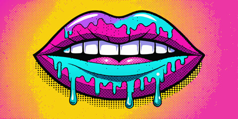 Halftone chrome lips set, vector y2k melt drip mouth, retro bitmap collage vintage print collection. Futuristic grain dot photocopy effect, glossy metal object, contemporary pop art. Halftone lips
