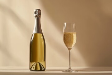 A sparkling wine glass filled with effervescent drink sits next to a partly filled bottle on a soft surface, illuminated by gentle, warm light
