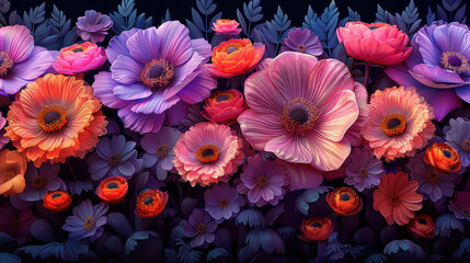 Fototapeta premium A vibrant tapestry of blooms, rendered in a dreamy, almost surreal style.