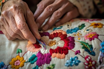 Hands meticulously stitch a bright floral design onto fabric, showcasing the artistry and precision of traditional embroidery techniques
