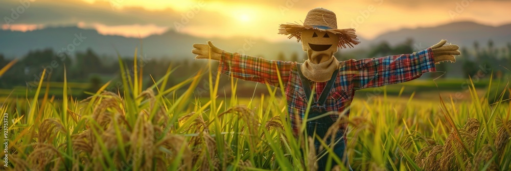 Canvas Prints Joyful scarecrow among lush green rice fields during sunset