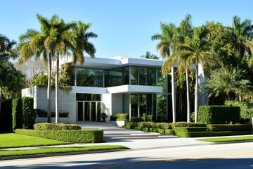 This modern Miami home features a striking design with light colors and lush greenery, creating an inviting atmosphere in a vibrant neighborhood